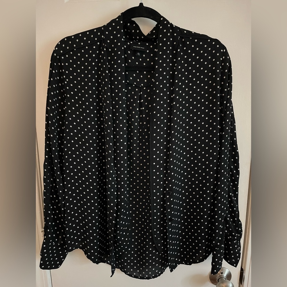 Who What Wear Black and White Polka Dot Neck Tie Blouse